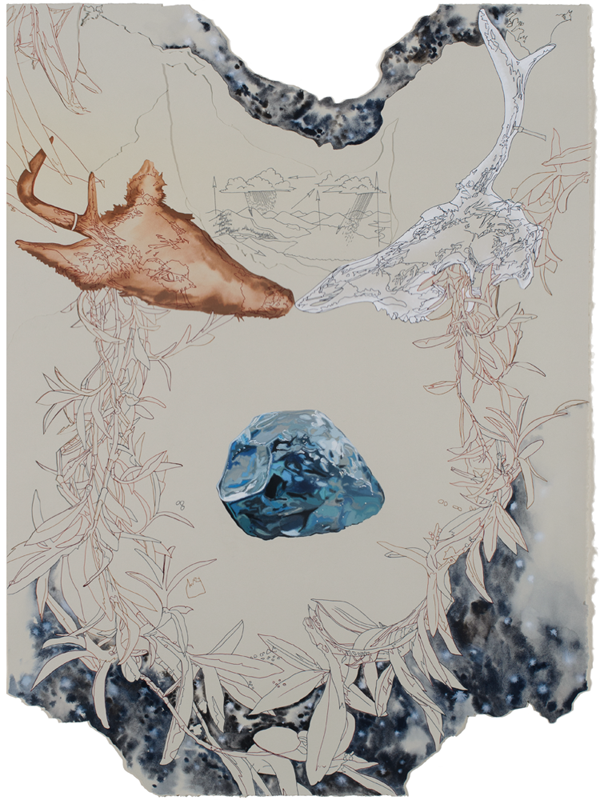 Then-and-Then, gouache, ink and evaporated glacial water on collaged paper